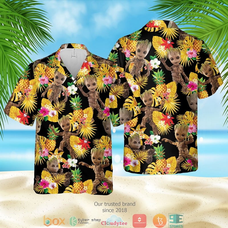 Groot Pineapple Black Hawaian Summer Outfit Aloha Beach Shirt